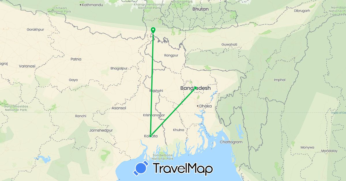 TravelMap itinerary: driving, bus in Bangladesh, India (Asia)